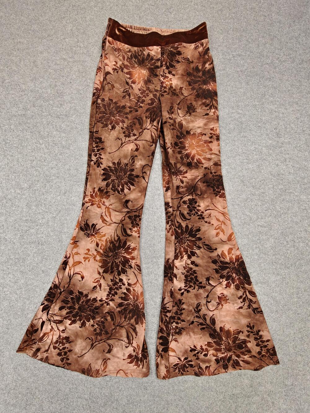 Somedays Lovin Pants Womens Small Brown Velvet Flared Floral Pull On Elastic